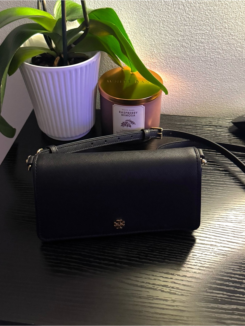 Tory Burch Black Saffiano Crossbody with Gold Logo